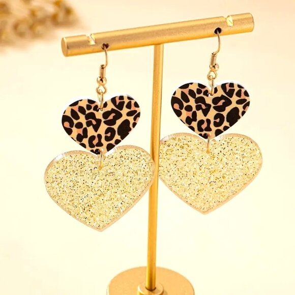 Leopard Print & Glitter Double Heart Dangle Earrings‎ - Picture 2 of 3